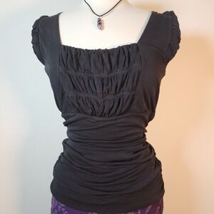 Classiques‎ Entier Black Sleeveless Ruched Top Square Neck Fitted Blouse